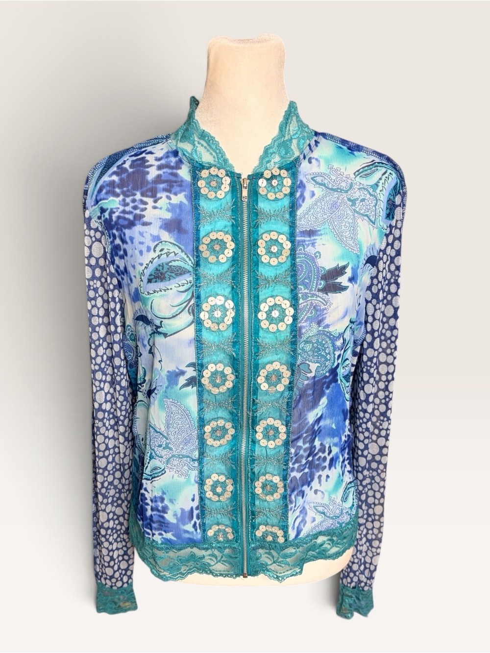 Piano Blue Multi Print Lace-Trim Zip Sheer Cardigan